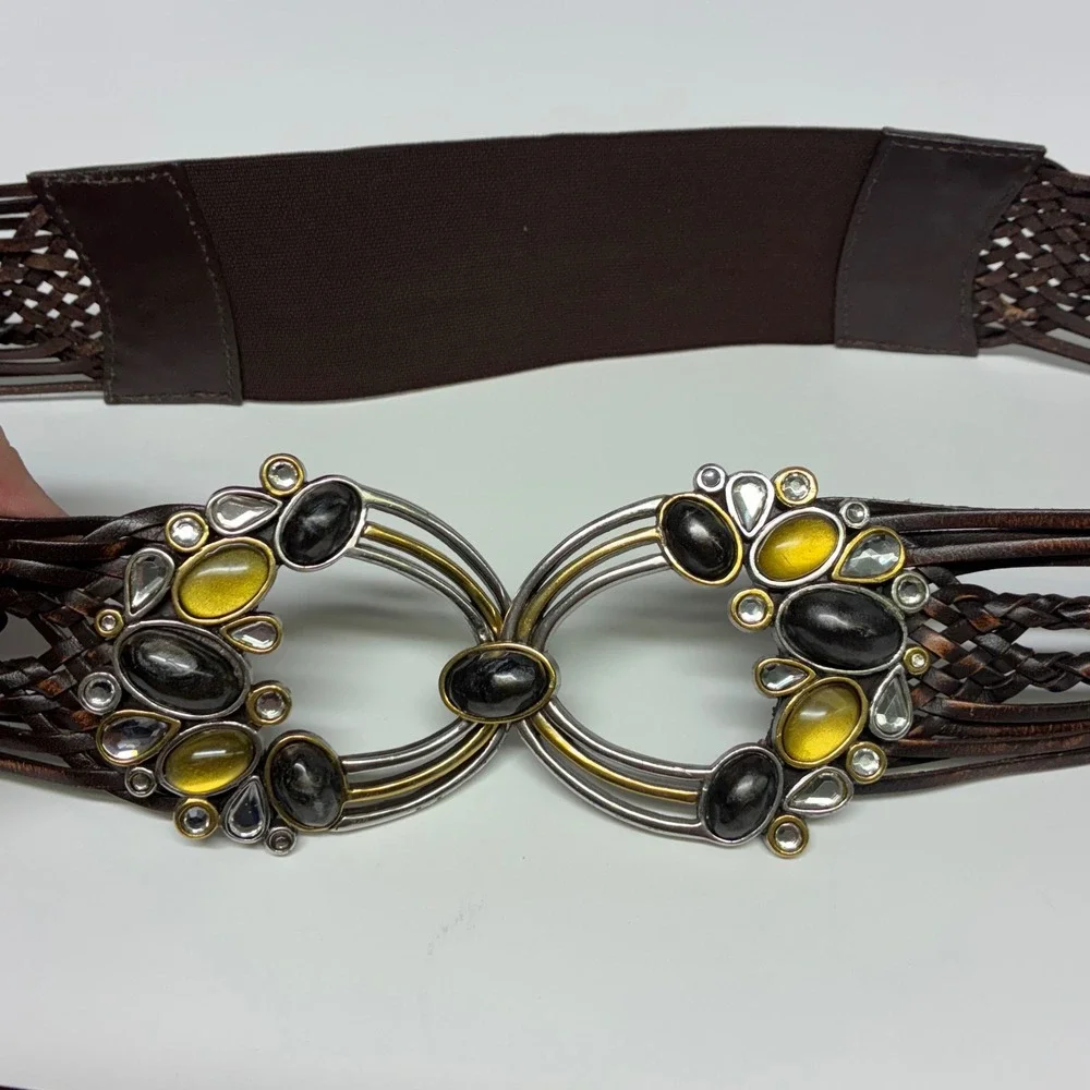Vintage Chico's Braided‎ Brown Leather Belt Amber Black Cabochon Boho Statement